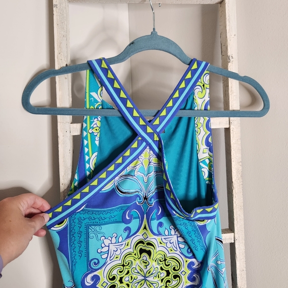 HaleBob dress womens size XS printed cross neckline mini dress blue green white - Picture 3 of 5